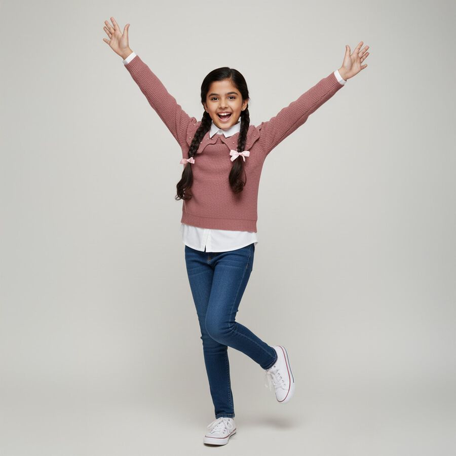 Girls' Dusty Rose Crew Neck Knit Pullover, Light Pink, large image number null