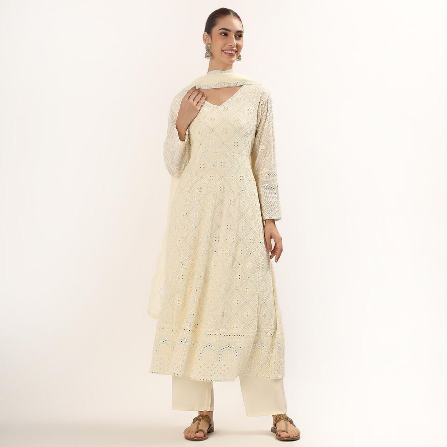 Women's Cream V-Neck Embroidered Kurta, ऑफ व्हाइट, large image number null