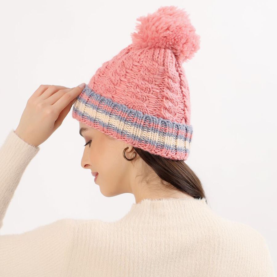 Women's Soft Pink Knitted Pom-Pom Beanie Cap, Light Pink, large image number null
