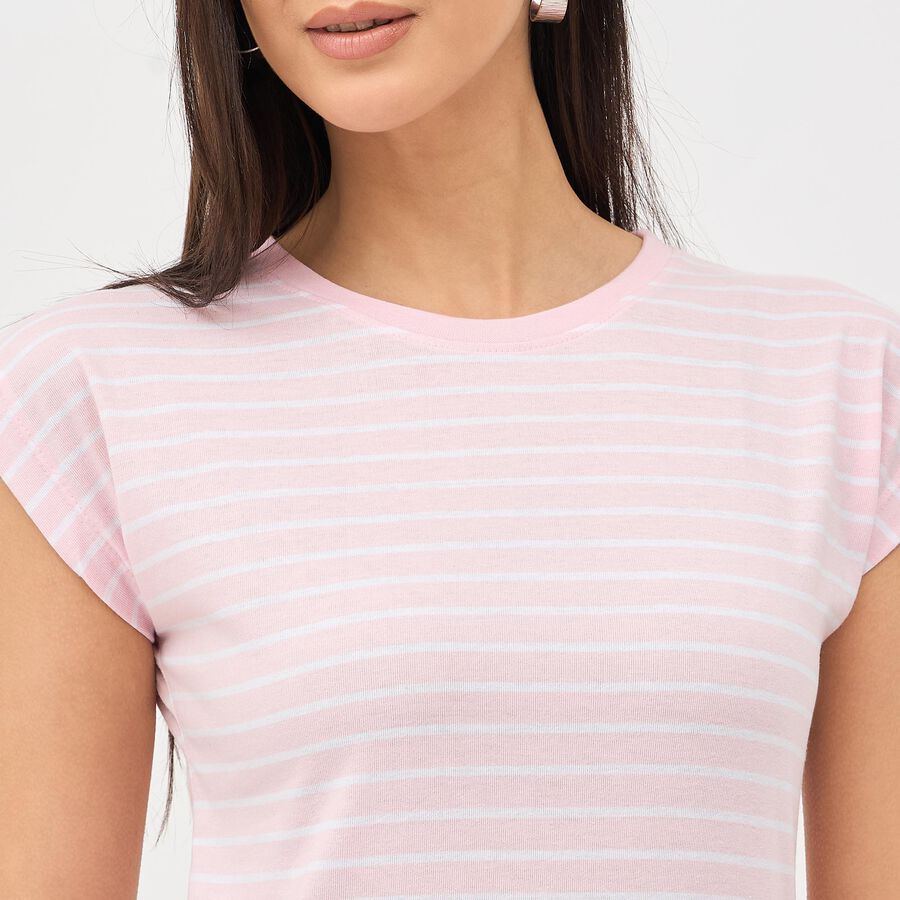 Women's Light Pink Round Neck Striped T-Shirt, Light Pink, large image number null