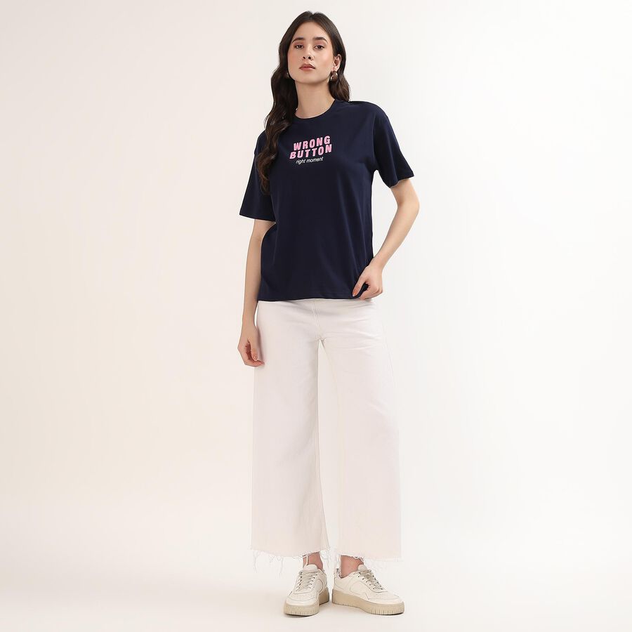 Women's Navy Blue Cotton Round Neck Casual T-Shirt, नेवी ब्लू, large