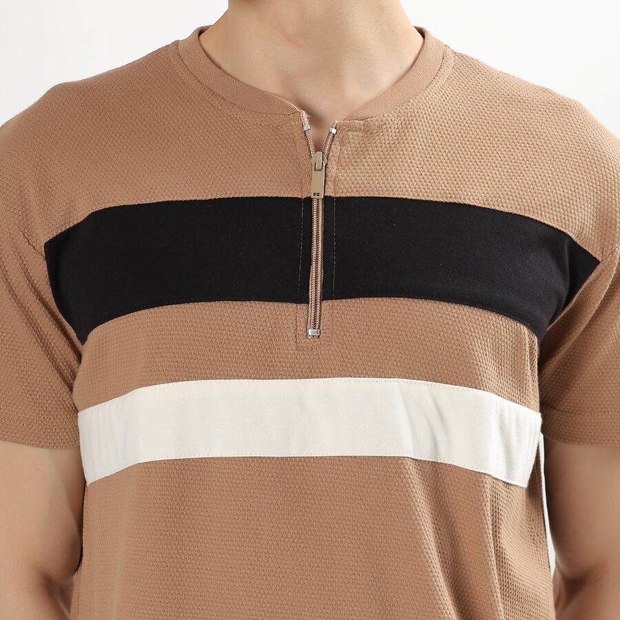 Men's Muted Beige Henley Neck Casual T-Shirt, गहरा पीला, large image number null