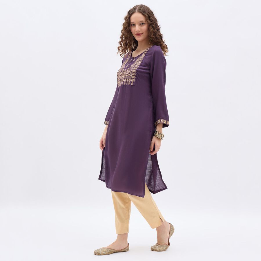 Women's Deep Plum Purple Round Neck Embroidered Kurta, वाइन, large image number null
