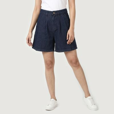 Women's Navy Blue Relaxed Fit Pleated Denim Shorts