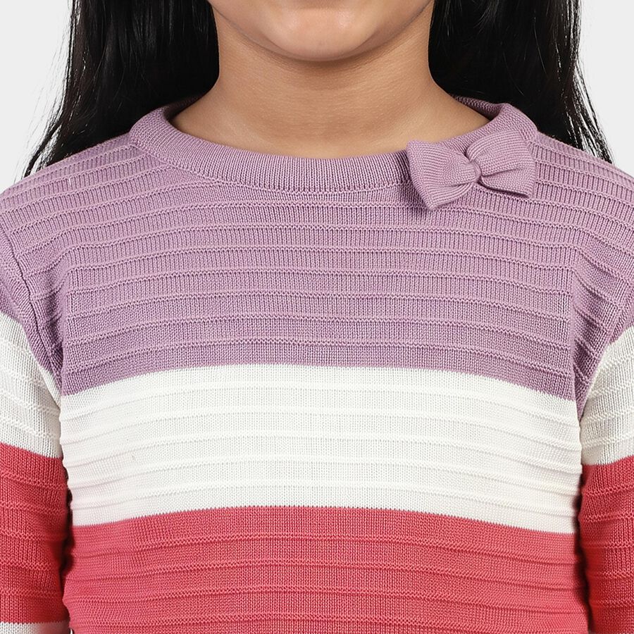 Girls Pink Crew Neck Striped Pullover, Pink, large