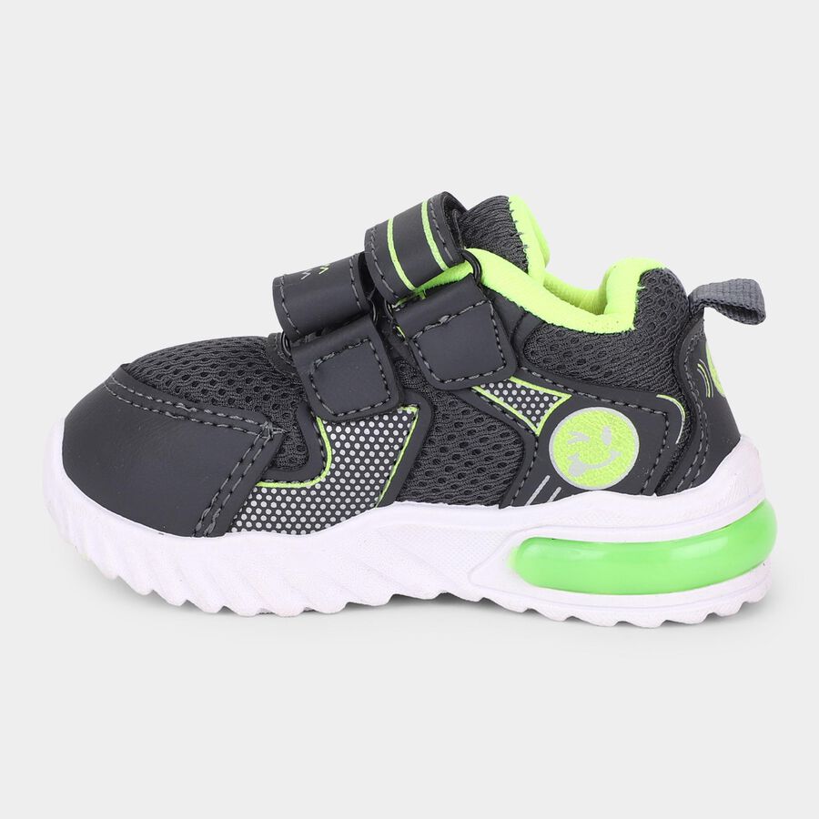 Boys Dark Charcoal Black and Neon Green Velcro Casual Sneakers, Grey, large image number null