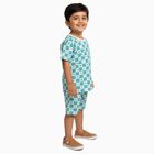 Boys Bright Aqua Blue Cotton Round Neck Geometric Night Suit, एक्वा, small image number null