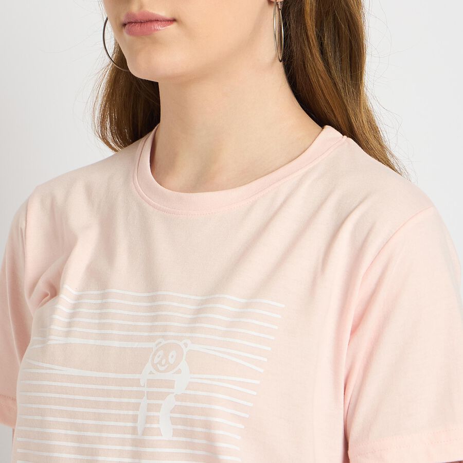 Ladies'  Stripes Round Neck T-Shirt, Light Pink, large