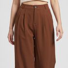 Women Brown Wide Leg Pleated Trousers, Brown, small