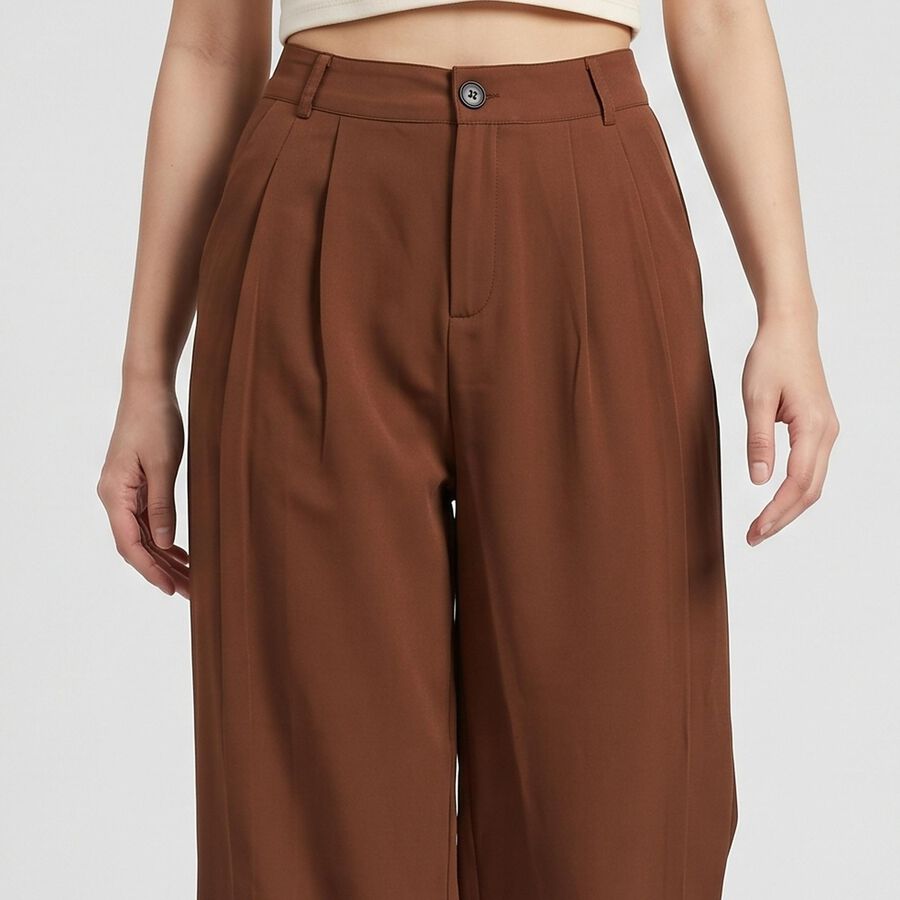 Women Brown Wide Leg Pleated Trousers, Brown, large