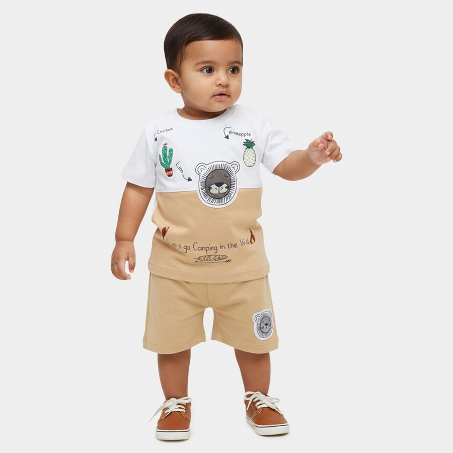 Infants' Beige Cotton Round Neck Printed and Applique Baba Suit, गहरा पीला, large