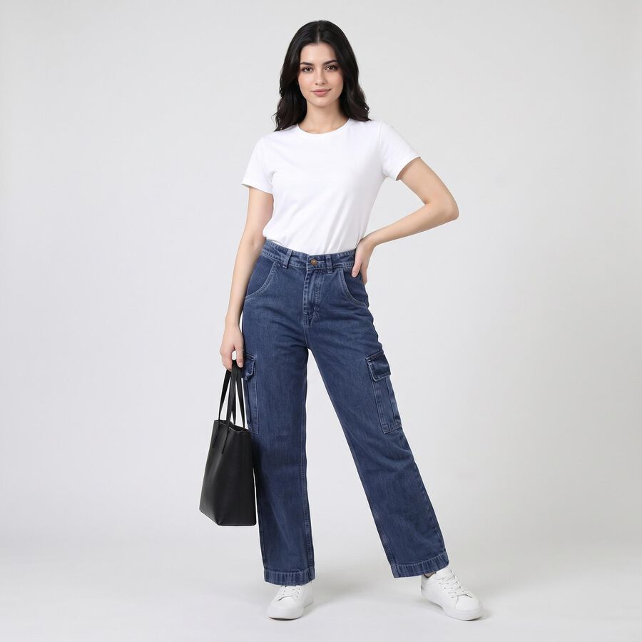 Women's Blue Relaxed Fit Cargo Jeans, Mid Blue, large