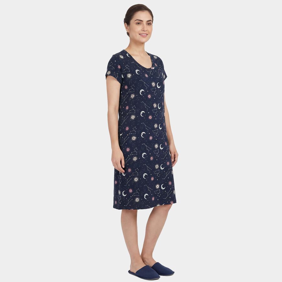 Women's Navy Blue Cotton Round Neck Floral Print Nighty, Navy Blue, large