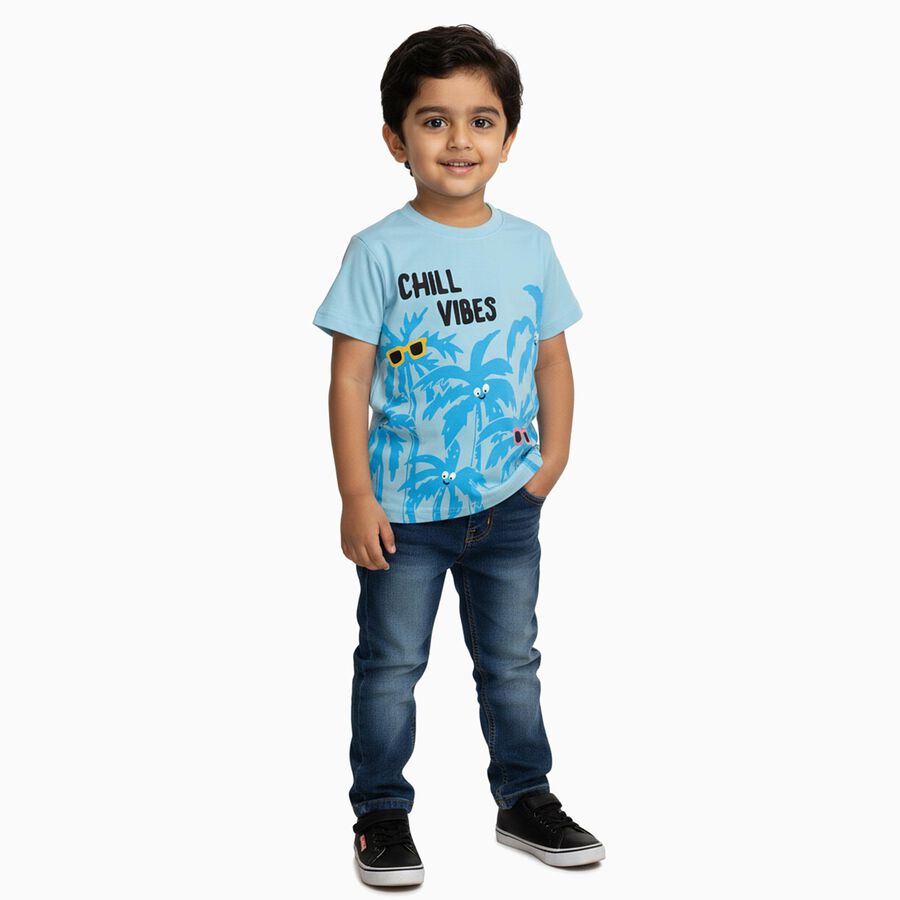 Boys Light Blue Cotton Round Neck Casual T-Shirt, हल्का नीला, large image number null
