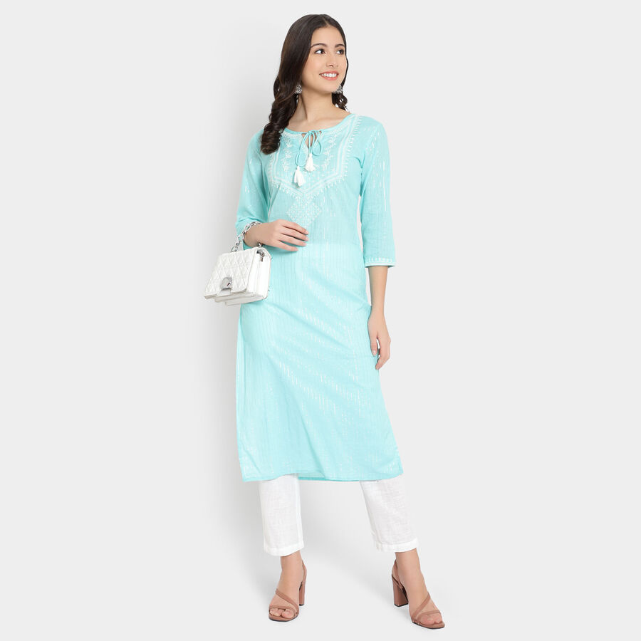 Cotton 3/4Th Sleeves Straight Kurta, Light Blue, large image number null