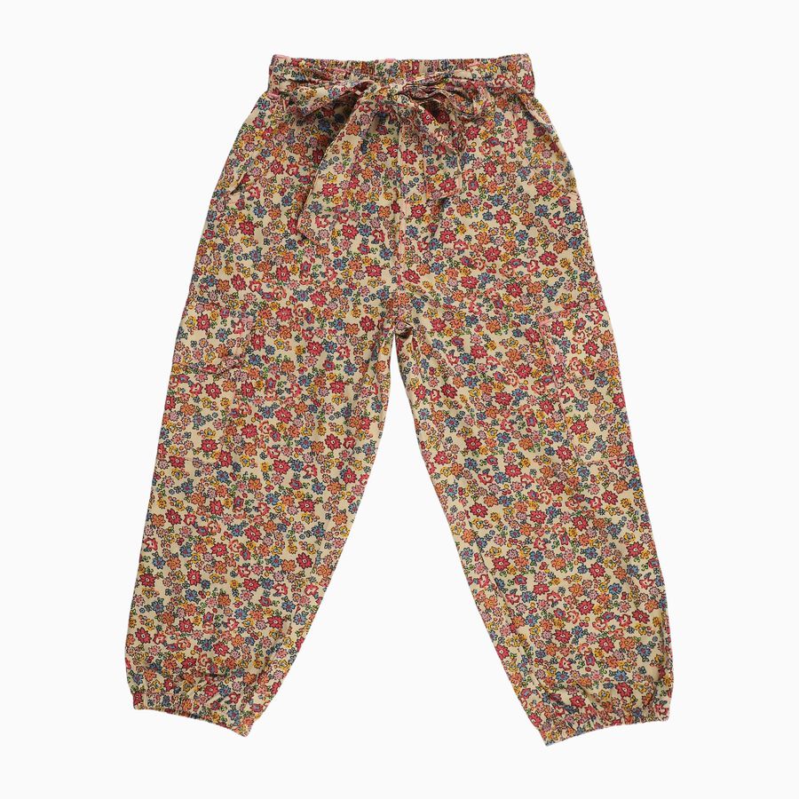 Girls' Multicolor Floral Loose Fit Tie-Waist Trousers, गहरा पीला, large image number null