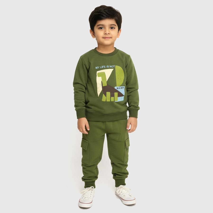 Boys' Olive Round Neck Graphic Baba Suit, ओलिव, large image number null