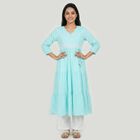 Women's Light Blue Cotton V-Neck Embroidered Kurta, Light Blue, small