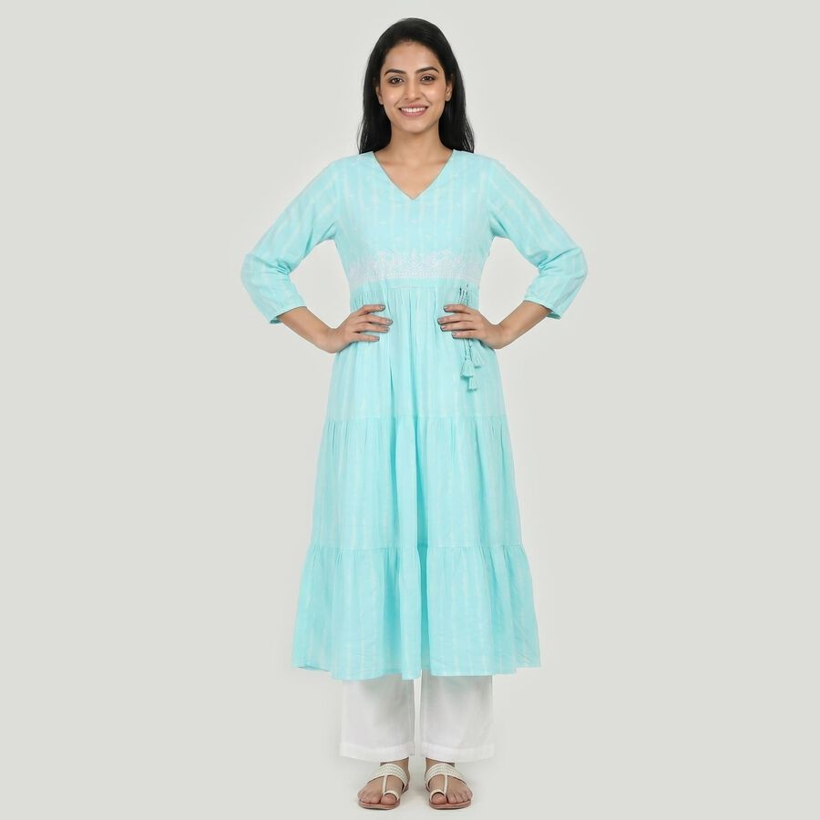 Women's Light Blue Cotton V-Neck Embroidered Kurta, Light Blue, large