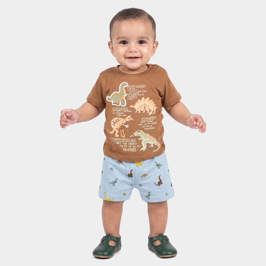 Infants' Beige 100% Cotton Round Neck Dinosaur Graphic Print Baba Suit, Beige, large