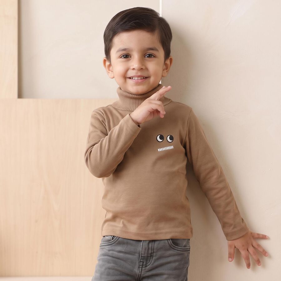 Boys' Beige High Neck Graphic Pullover, Beige, large