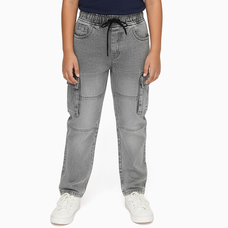 Boys' Muted Grey Relaxed Fit Cargo Jeans, Light Grey, large image number null