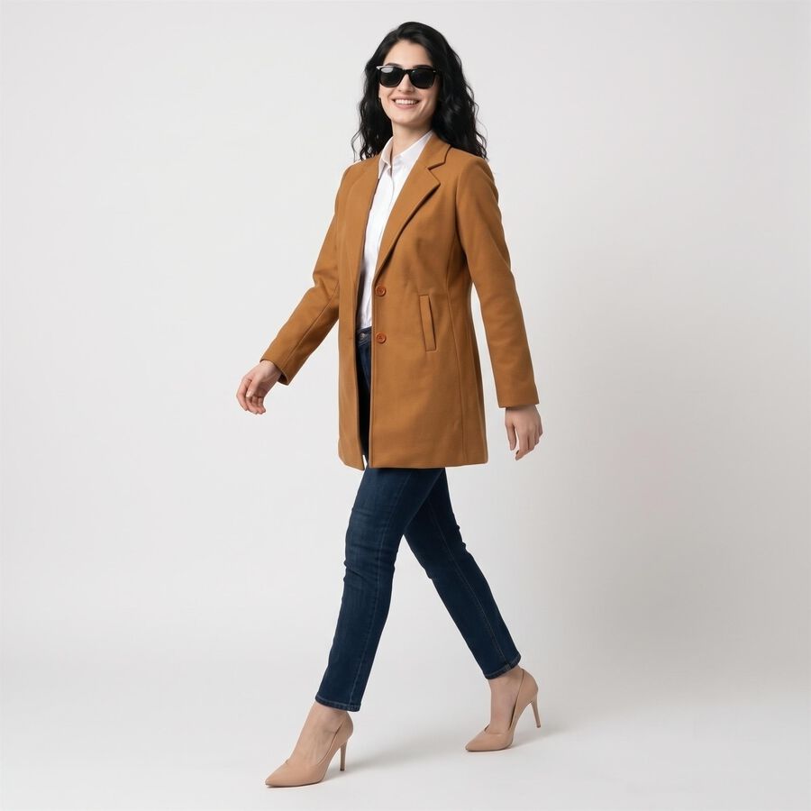 Women Brown Notched Collar Blazer Jacket, Brown, large