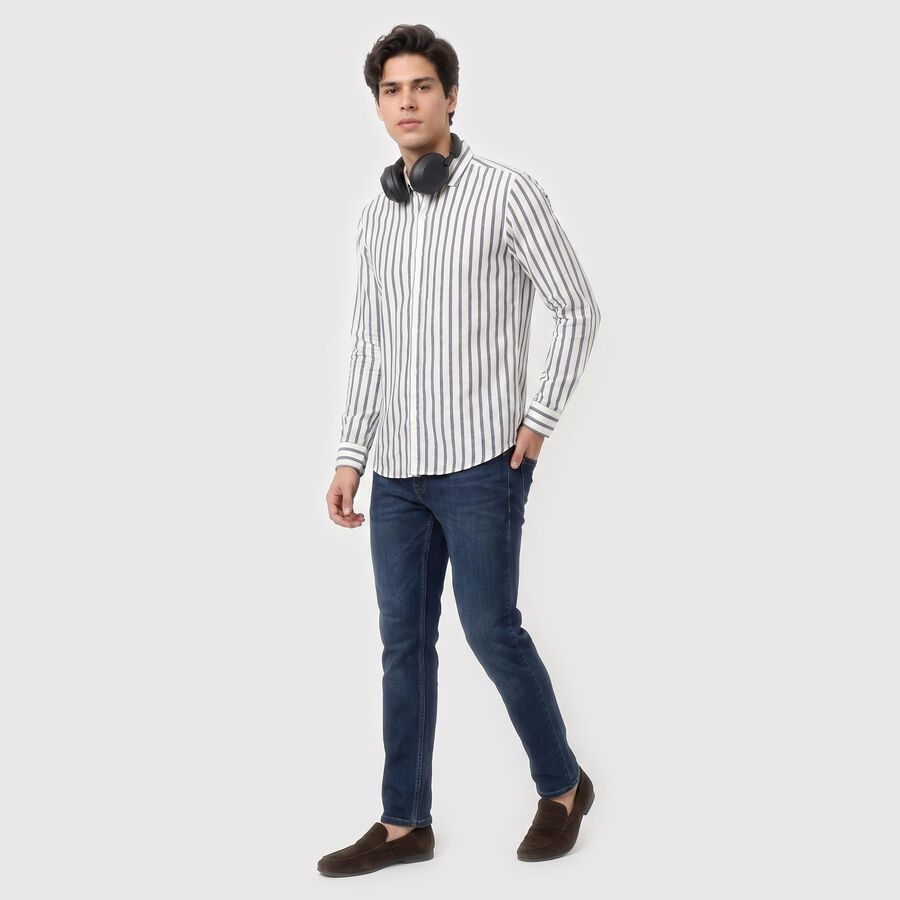 Men's Dark Blue Cotton Long Sleeve Spread Collar Regular Fit Casual Shirt, गहरा नीला, large