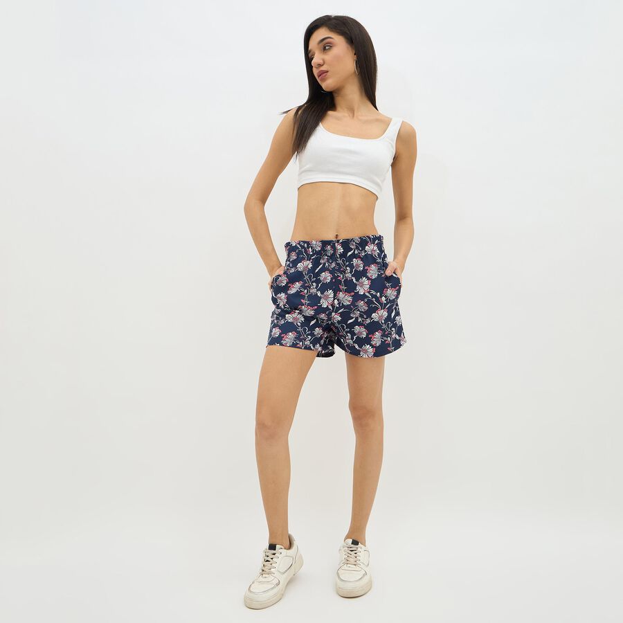Women's Dark Navy Floral Printed Relaxed Fit Shorts, नेवी ब्लू, large image number null
