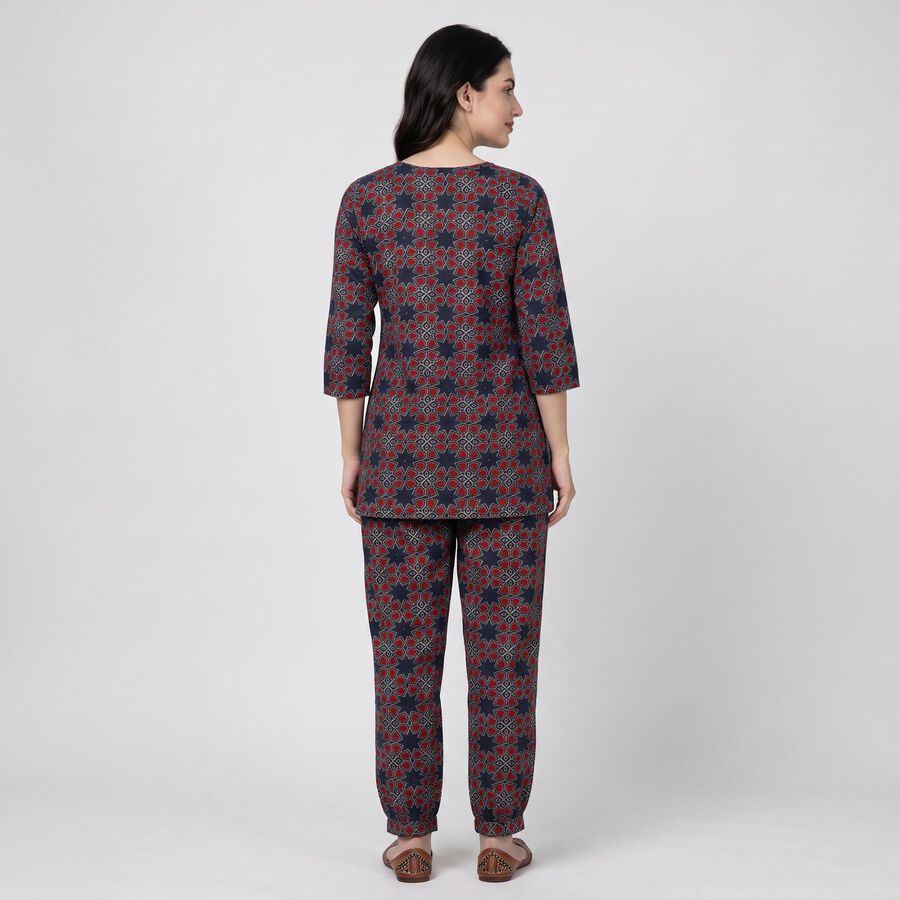 Women's Navy Blue Geometric Printed Ethnic Set, गहरा नीला, large