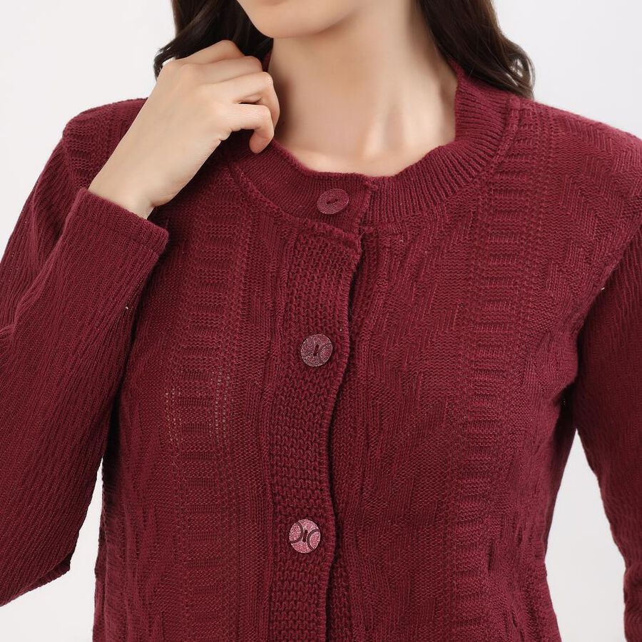 Women's Rich Burgundy Round Neck Casual Cardigan, वाइन, large image number null