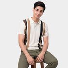Men's Beige Polo Neck Striped T-Shirt, गहरा पीला, small