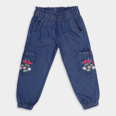 Girls' Stonewashed Blue Regular Fit Embroidered Jeans