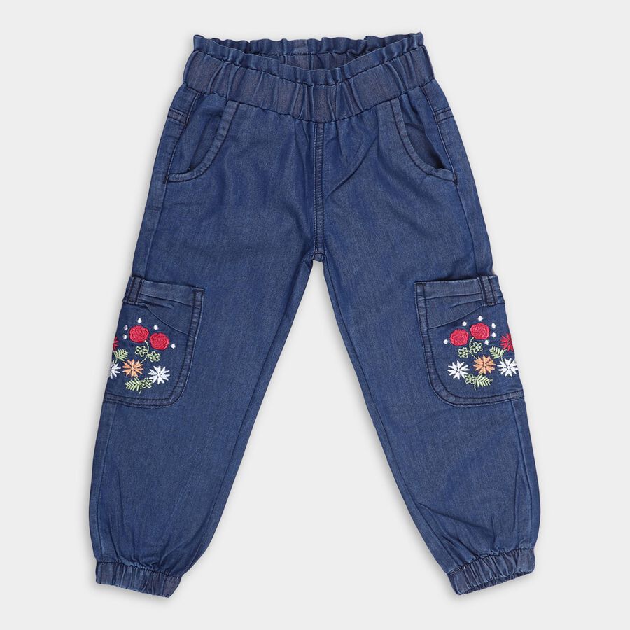 Girls' Stonewashed Blue Regular Fit Embroidered Jeans, Mid Blue, large image number null