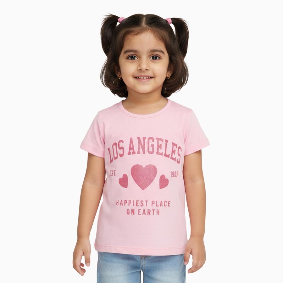 Girls Pink Round Neck Casual T-Shirt, गुलाबी, large