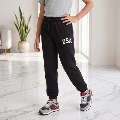 Girls Black Jogger Fit USA Print Winter Pyjama