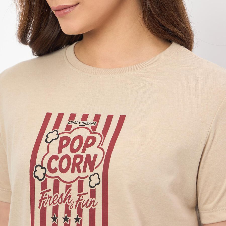 Women's Muted Beige Round Neck Casual T-Shirt, Beige, large