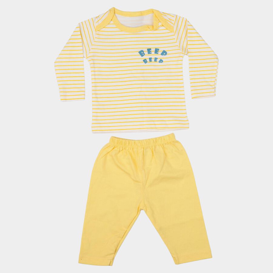 Infants' Yellow Cotton Round Neck Striped Baba Suit, Yellow, large