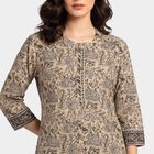 Women's Beige Cotton Round Neck Floral Printed Straight Kurti, Beige, small