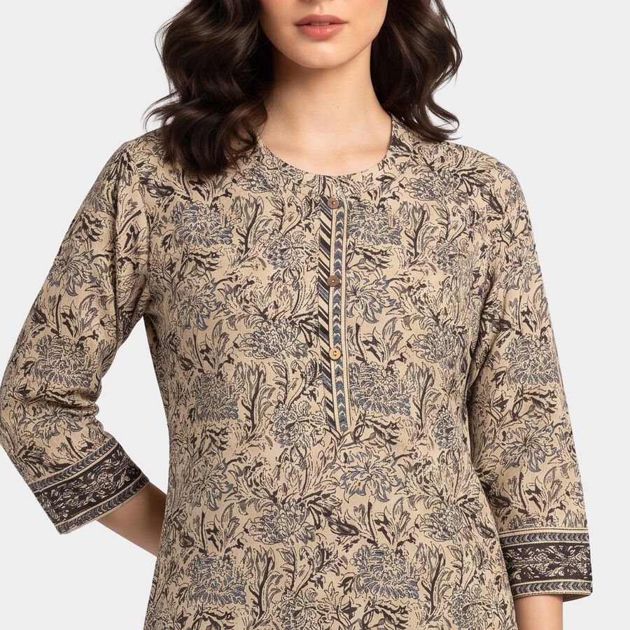 Women's Beige Cotton Round Neck Floral Printed Straight Kurti, Beige, large