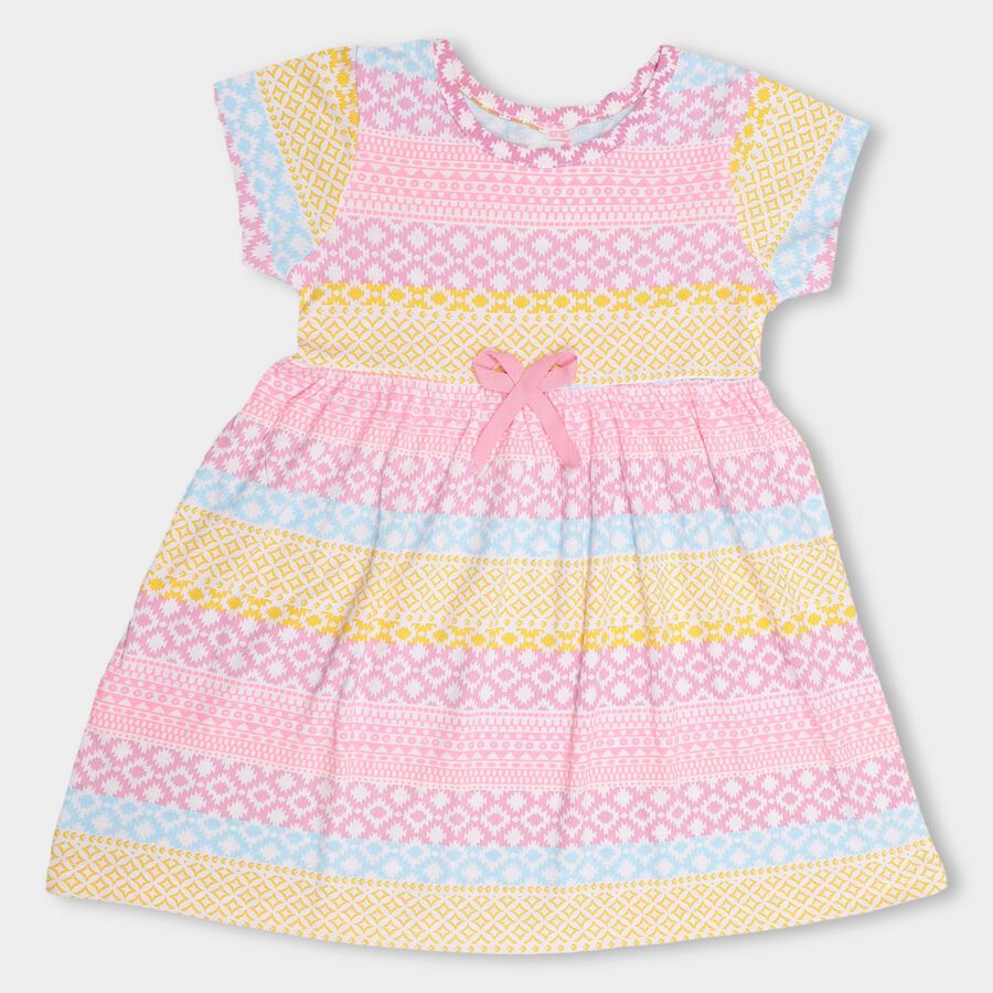 Girls' Multicolor Printed Short Sleeve A-Line Frock, Light Pink, large image number null