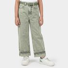 Girls' Green Wide Leg Washed Jeans, हल्का हरा, small