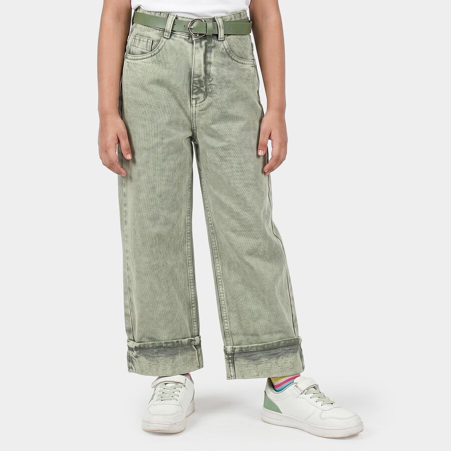 Girls' Green Wide Leg Washed Jeans, हल्का हरा, large