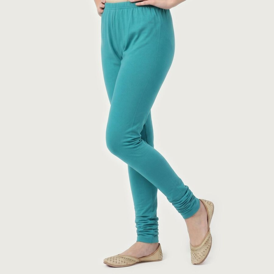 Women's Mid Blue Cotton Blend Stretch Fit Solid Churidar, मध्यम नीला, large