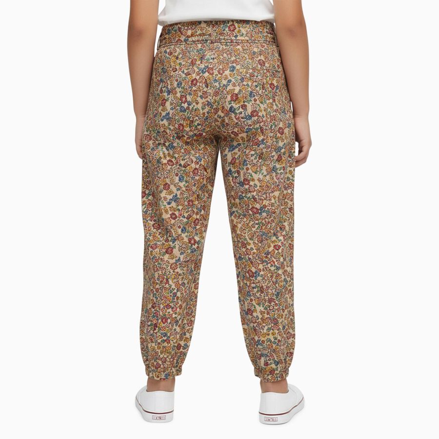 Girls' Multicolor Floral Loose Fit Tie-Waist Trousers, गहरा पीला, large image number null