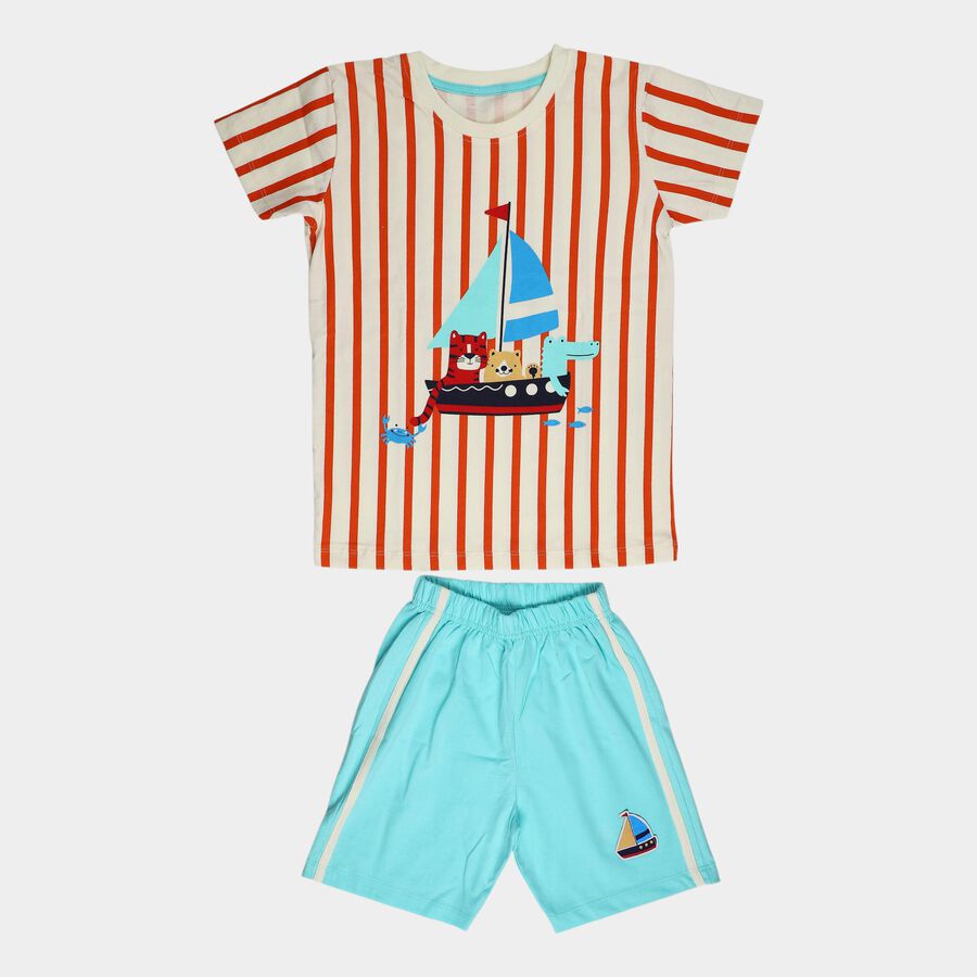 Boys' White Cotton Round Neck Striped Baba Suit, ऑफ व्हाइट, large