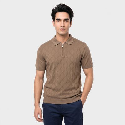 Men's Beige Cotton Polo Neck Geometric Polo T-Shirt