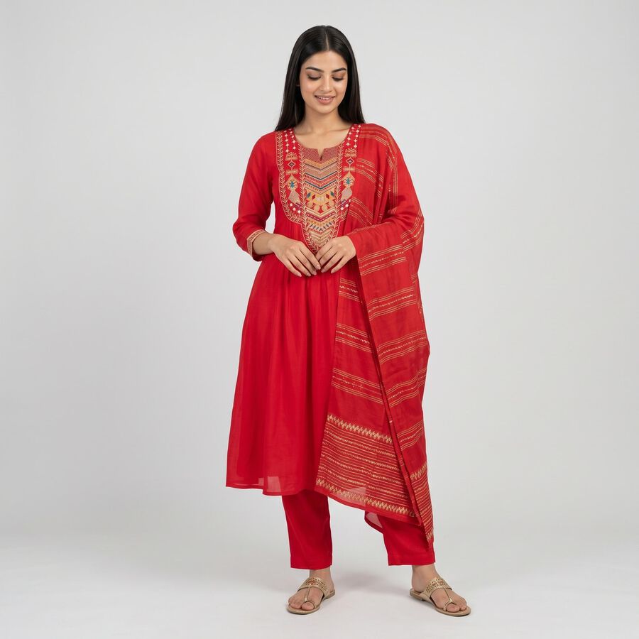 Women's Fuchsia Notch Neck Embroidered Ethnic Set, Fuchsia, large