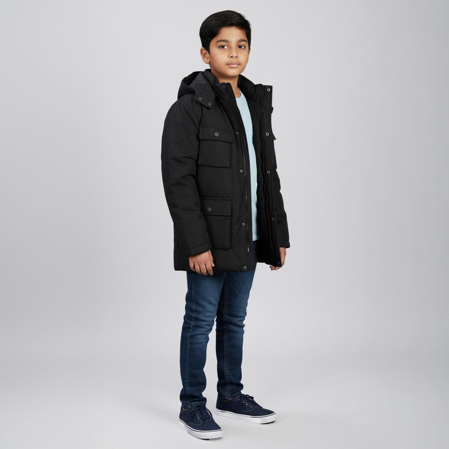 Boys Jet Black Hooded Casual Jacket, Black, large image number null