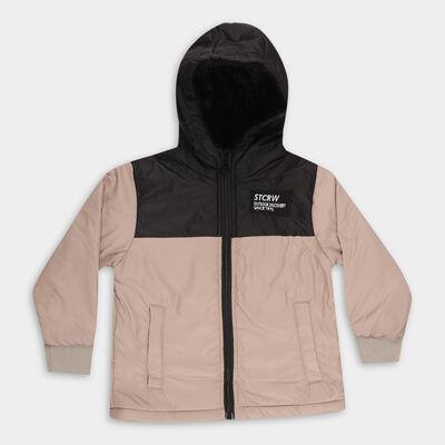 Boys Beige and Black Hooded Casual Jacket